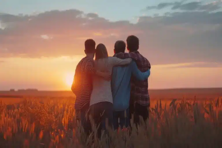 Quatro pessoas abraçadas de costas, olhando para um vibrante pôr do sol em um campo de trigo ou grama alta. Imagem simboliza gratidão, amizade e apoio mútuo.