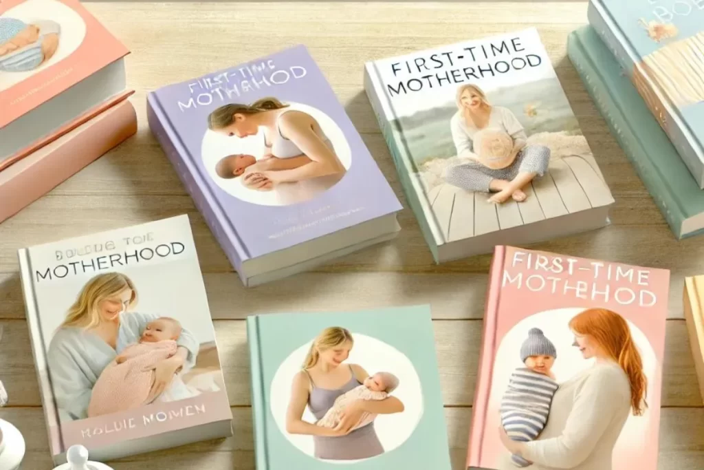 Livros sobre maternidade e primeiros cuidados com o bebê dispostos em uma mesa