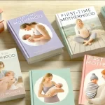 Livros sobre maternidade e primeiros cuidados com o bebê dispostos em uma mesa