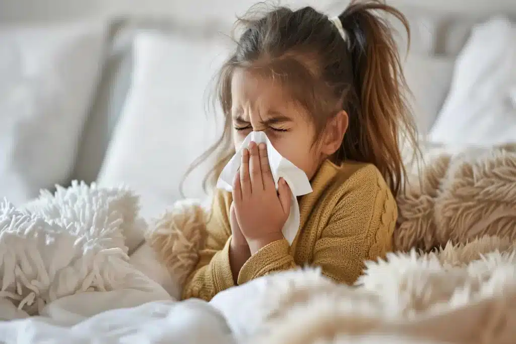 Close-up de uma menina pequena, com os olhos apertados, assoando o nariz com um lenço de papel branco, deitada na cama sob cobertores felpudos, ilustrando os sintomas de gripe ou resfriado em crianças.