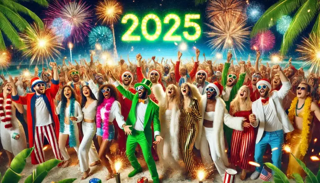 Grupo de pessoas celebrando a véspera de Ano Novo 2025 com roupas coloridas e fogos de artifício no fundo, refletindo a alegria da virada do ano.