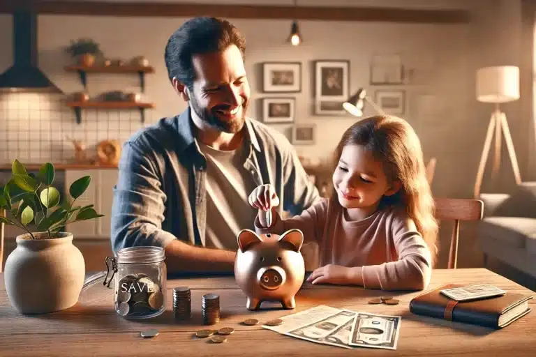 Pai sorridente ensinando sua filha a economizar dinheiro usando um cofrinho em formato de porquinho em um ambiente acolhedor.
