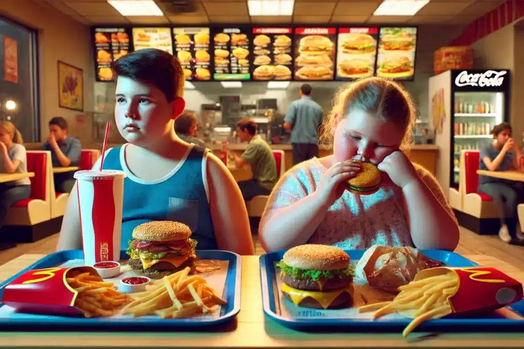 Duas crianças sentadas em uma mesa de fast food com bandejas cheias de hambúrgueres, batatas fritas e refrigerantes; uma criança parece desanimada enquanto come, e a outra olha distante, com expressão neutra.