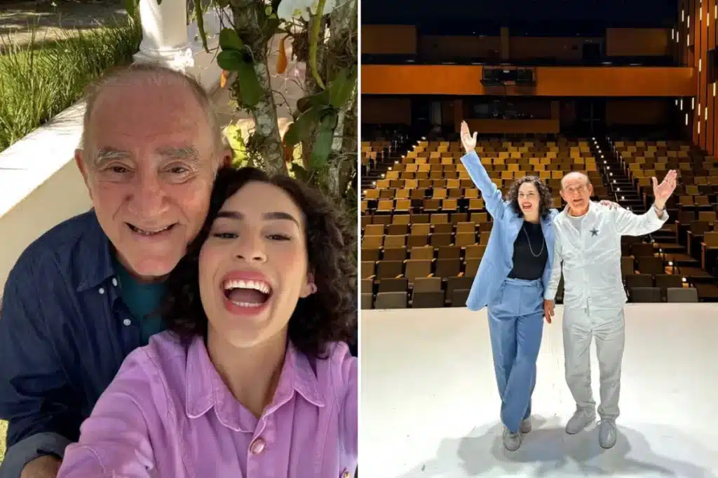 Renato Aragão e sua filha sorrindo em um jardim e posando juntos no palco de um teatro vazio