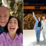 Renato Aragão e sua filha sorrindo em um jardim e posando juntos no palco de um teatro vazio