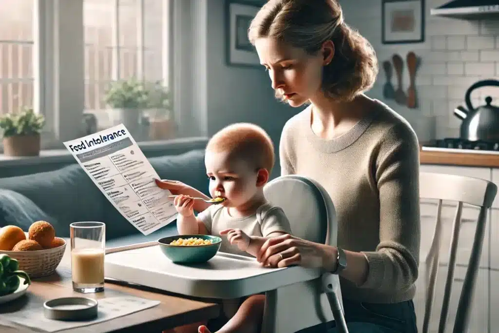 Mãe alimentando seu bebê enquanto analisa um documento sobre intolerância alimentar em uma cozinha iluminada