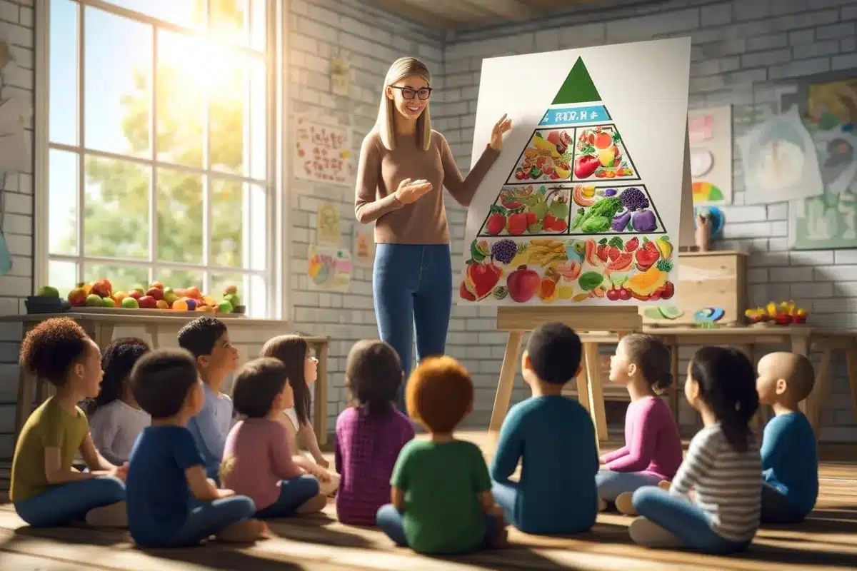 Professora explicando a pirâmide alimentar para um grupo de crianças sentadas no chão, em uma sala de aula iluminada com janela grande e frutas frescas ao fundo.