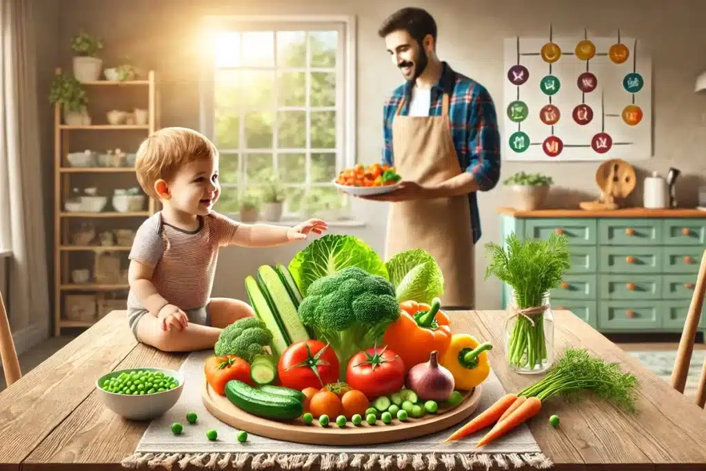 Bebê sorrindo sentado à mesa com uma grande variedade de vegetais frescos, enquanto o pai, usando avental, prepara uma refeição em uma cozinha iluminada e aconchegante.