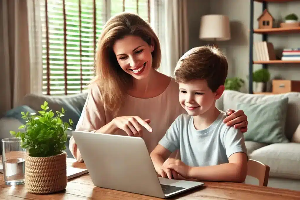 Mãe sorridente orienta seu filho enquanto ele usa um laptop, ambos sentados à mesa em uma sala aconchegante e bem iluminada.