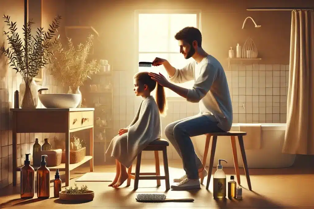 Pai penteando o cabelo da filha com um pente fino em um banheiro iluminado e organizado, com frascos de produtos naturais ao lado, mostrando um método caseiro para eliminar piolhos.