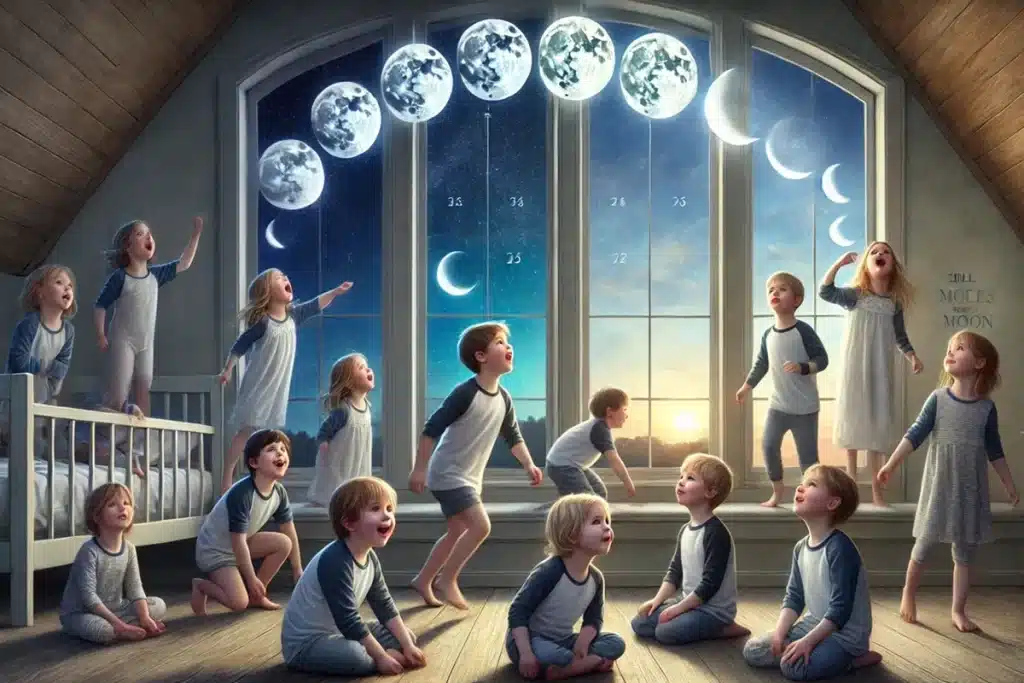 Crianças encantadas observam as fases da Lua através de uma grande janela em um quarto iluminado pelo luar e pelo nascer do sol. A cena mágica representa a curiosidade infantil sobre o universo e os ciclos lunares.