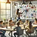 Sala de aula com crianças ao redor de mesas, criando mapas mentais coloridos, enquanto uma professora demonstra no quadro branco central.