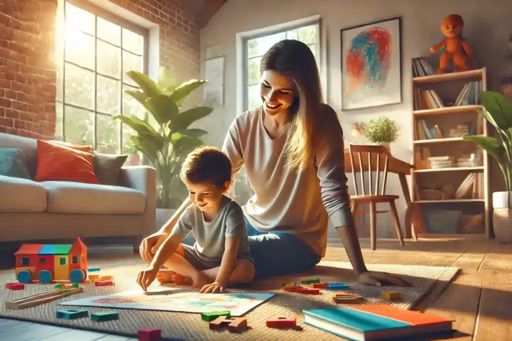 Mãe brincando com seu filho em um tapete no chão, incentivando atividades criativas em um ambiente acolhedor e iluminado.