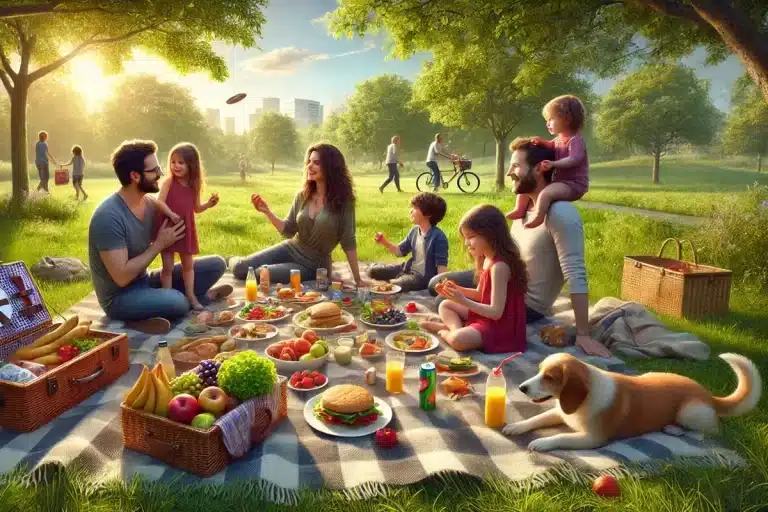 Família reunida em um piquenique no parque, sentada em um cobertor com diversos alimentos, como frutas, sanduíches e sucos. Crianças brincam e pais conversam alegremente enquanto um cachorro descansa ao lado.