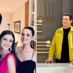 Celso Portiolli posando com suas duas filhas em evento e, ao lado, apresentando programa de TV com jaqueta amarela