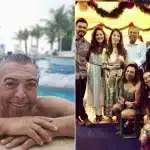 Colagem com duas fotos: à esquerda, Mauricio de Sousa sorrindo dentro de uma piscina; à direita, ele posa ao lado de familiares em uma celebração festiva.