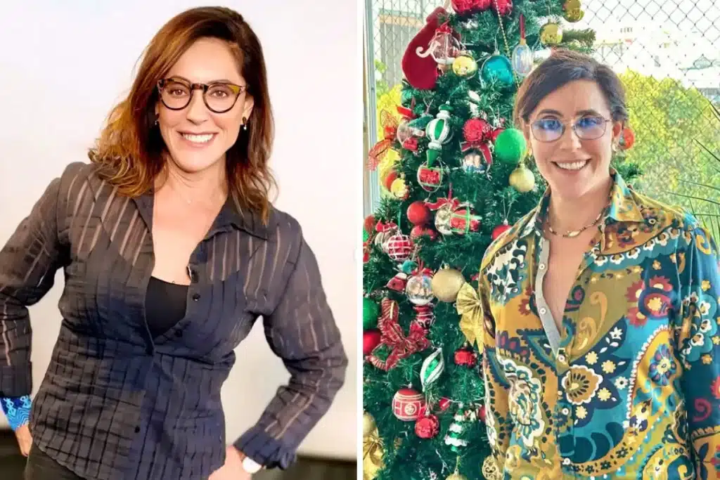 Montagem com duas fotos de uma mulher sorridente usando óculos; na primeira, veste camisa preta transparente, e na segunda, camisa colorida estampada ao lado de uma árvore de Natal decorada.