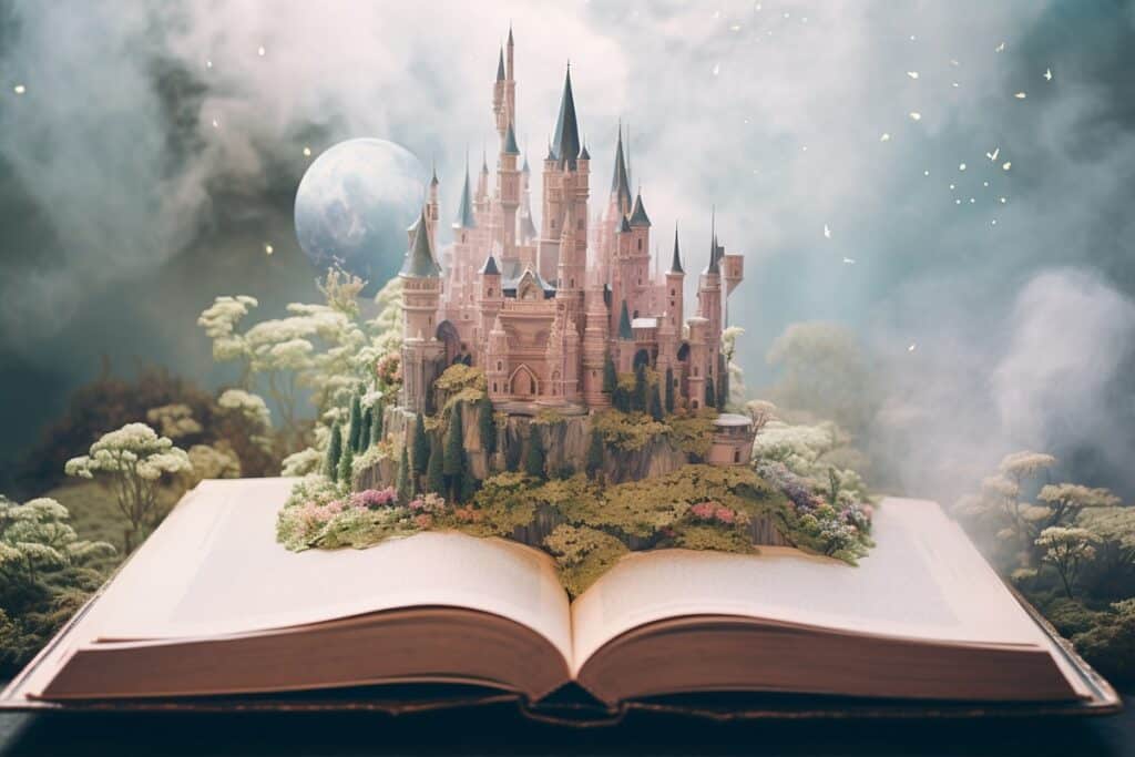 Castelo rosa com torres pontiagudas surgindo de um livro aberto em meio a floresta mágica, sob céu nebuloso com atmosfera de conto de fadas.