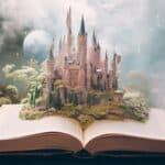 Castelo rosa com torres pontiagudas surgindo de um livro aberto em meio a floresta mágica, sob céu nebuloso com atmosfera de conto de fadas.