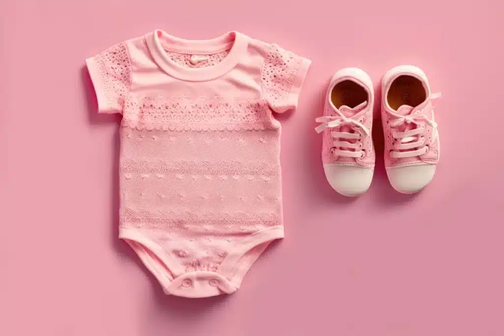 Conjunto de roupa rosa para bebê menina, com body de manga curta e tênis cor-de-rosa combinando.