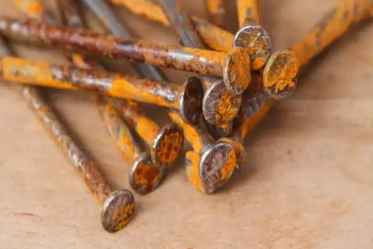 Close-up de pregos enferrujados sobre superfície de madeira, risco de tétano associado a ferimentos com objetos oxidados.