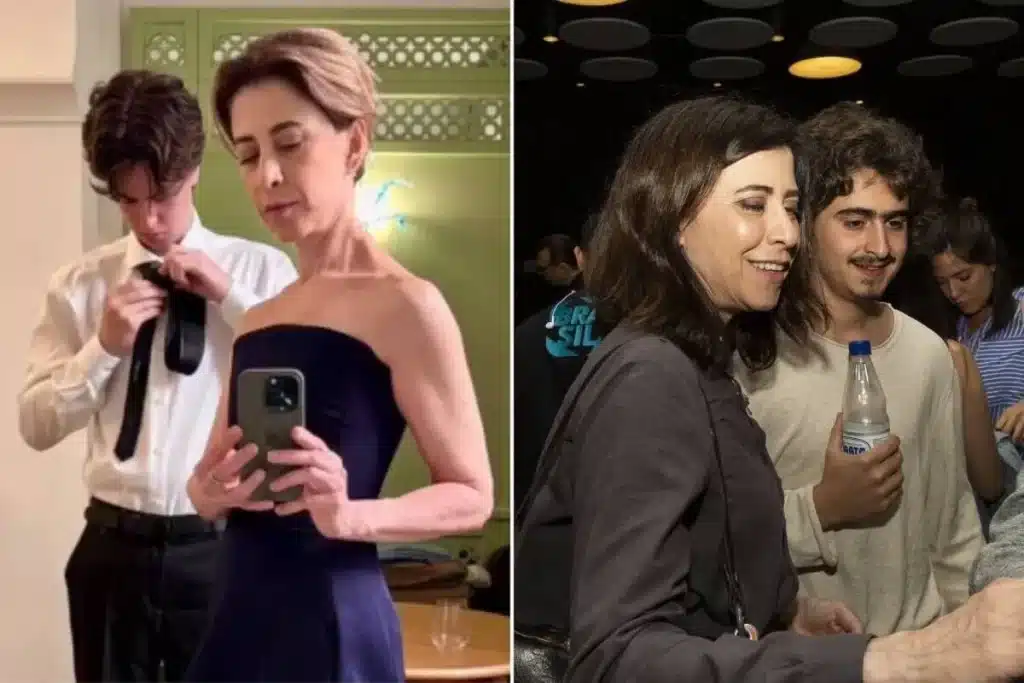 Fernanda Torres com seus filhos, João e Antônio, em momentos diferentes. A atriz aparece com o filho Antônio em uma foto e com o filho João em outra. A palavra-chave "Filhos de Fernanda Torres" é utilizada no contexto para otimizar o ranqueamento.