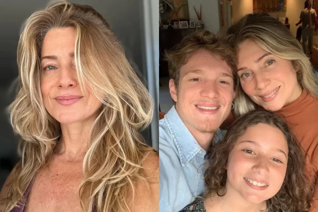 Leticia Spiller e seus filhos Pedro e Stella em uma imagem dividida, mostrando o vínculo familiar.