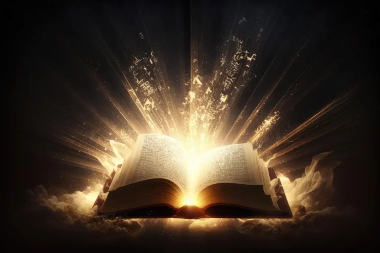Livro aberto com uma luz dourada brilhando em seu interior, e letras e palavras voando para fora, simbolizando a sabedoria das parábolas.