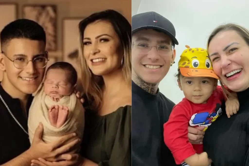 Montagem com duas fotos de Andressa Urach ao lado de seus filhos; à esquerda ela aparece com o filho Leon, recém-nascido, nos braços do pai, e à direita com o filho Arthur, sorrindo com boné amarelo ao lado da mãe e do pai.