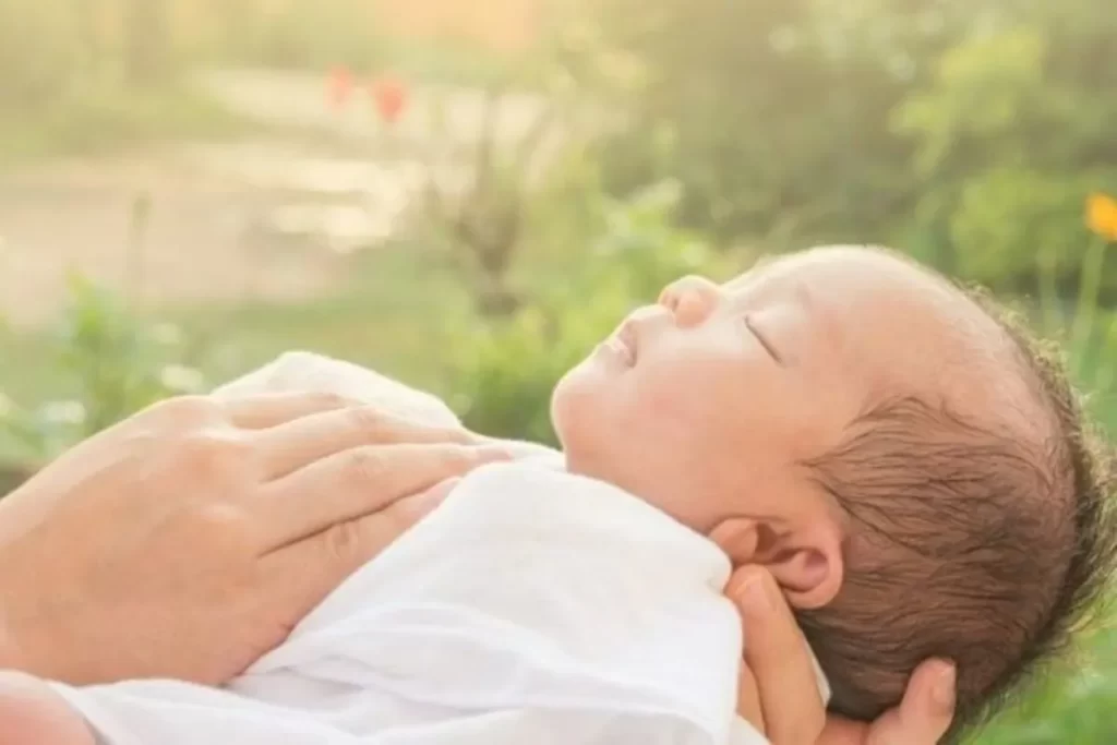 Recém-nascido dormindo pacificamente no colo de um adulto ao ar livre sob a luz do sol.