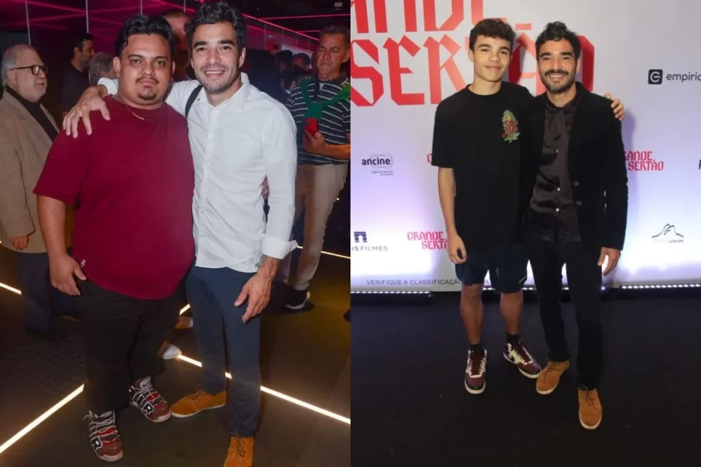 Caio Blat posa ao lado de seus filhos de Caio Blat Antonio e Bento em uma montagem de fotos.