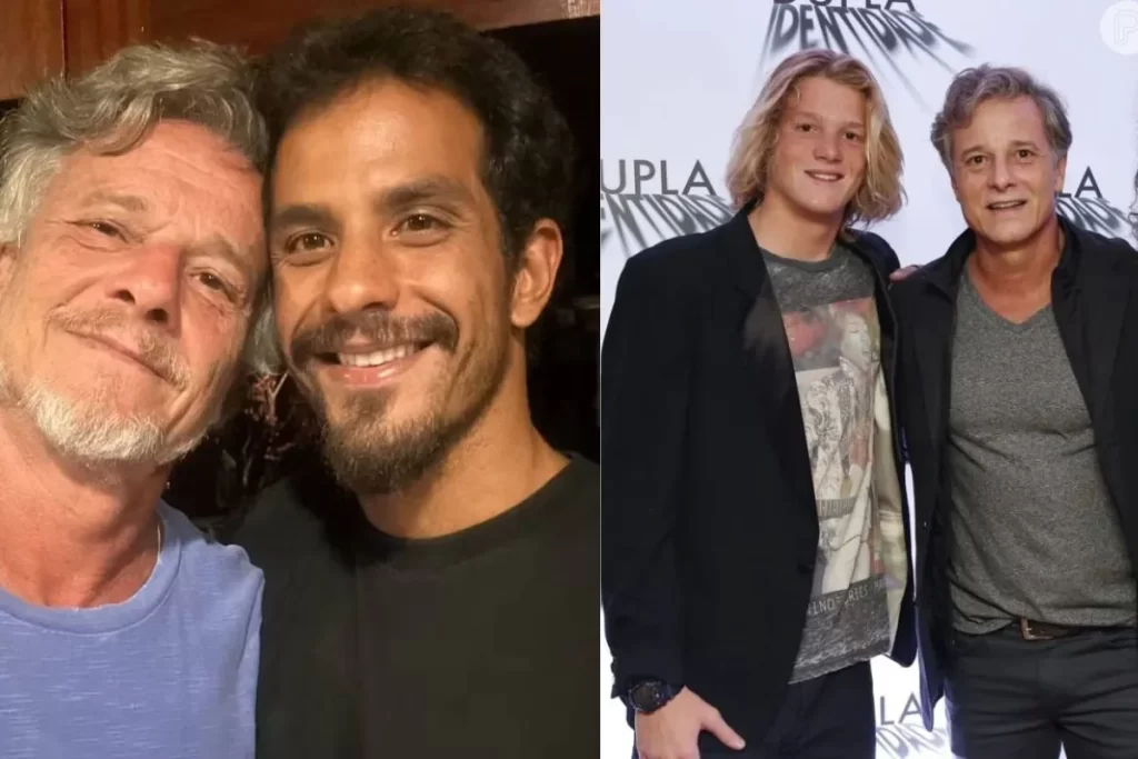 Montagem de fotos do ator Marcello Novaes e seus filhos. Na foto da esquerda, ele sorri com o filho Diogo Novaes. Na da direita, ele está com o filho Pedro Novaes em um evento de lançamento de filme, com um painel de fundo.