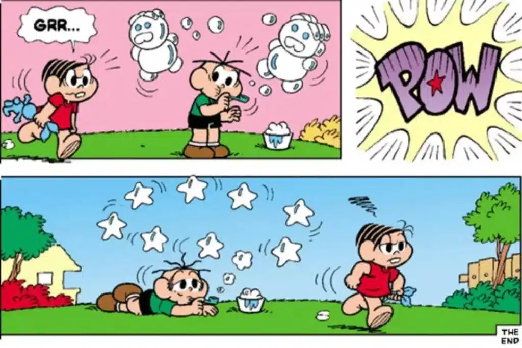 Turma da Mônica com onomatopeias: GRR de raiva e POW representando o impacto de um soco.