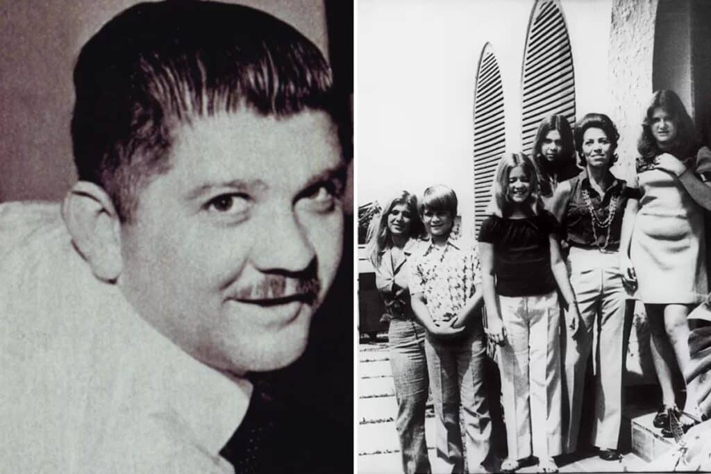 Montagem em preto e branco com duas fotos antigas: à esquerda, um homem de bigode; à direita, um grupo de pessoas posando em frente a um prédio nos anos 1970.