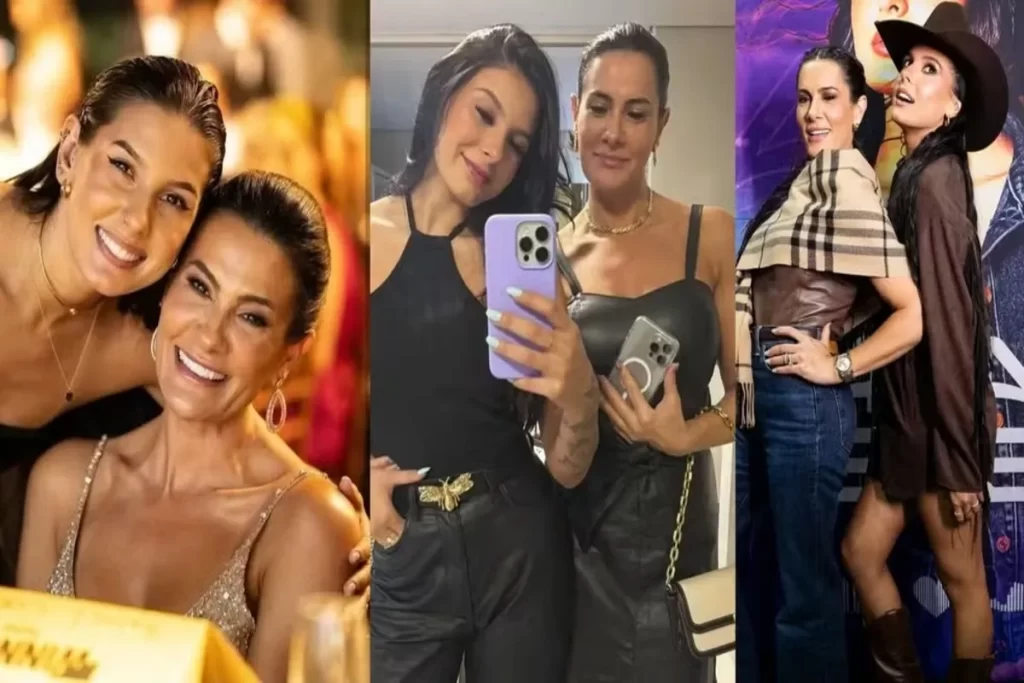Três momentos de Ana Castela e sua mãe, Michele Castela: juntas em evento, tirando selfie com celular e em look de show sertanejo.