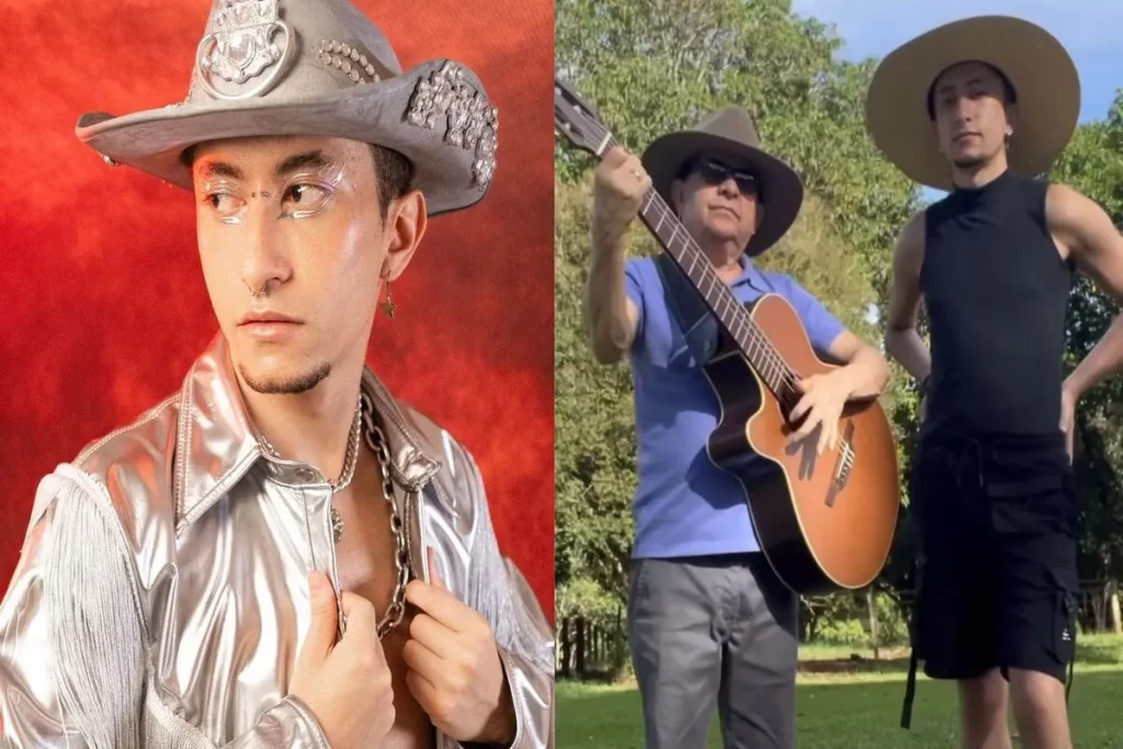 Cantor Gabeu com chapéu prateado, maquiagem e roupa futurista, ao lado do pai Solimões tocando violão em ambiente externo.