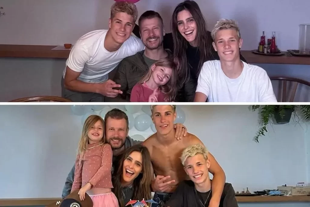 Colagem de duas fotos da apresentadora e modelo Fernanda Lima e seus quatro filhos, incluindo o marido Rodrigo Hilbert, em momentos familiares no sofá e em uma celebração.