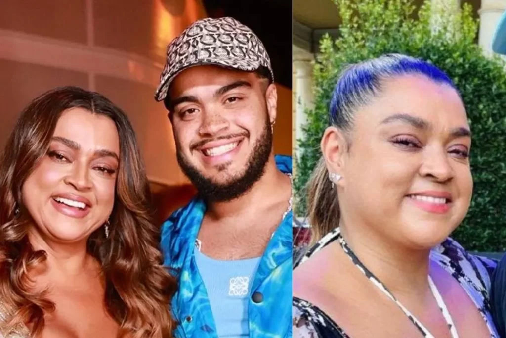 Imagem em collage vertical de duas partes, com a cantora Preta Gil e seu filho Francisco Gil em evidência. À esquerda, Preta Gil sorri de perto, vestindo um top azul vibrante. À direita, Francisco Gil (de barba e boné) sorri ao lado de Preta (também sorrindo, com o cabelo preso com um toque de azul).