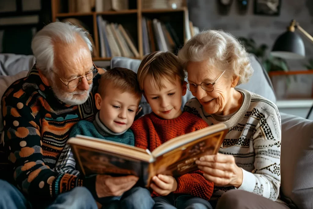 Um casal de avós (homem com barba branca e suéter colorido, mulher com cabelo branco encaracolado e óculos) lê um livro para seus dois netos em um sofá, em um momento de leitura familiar.