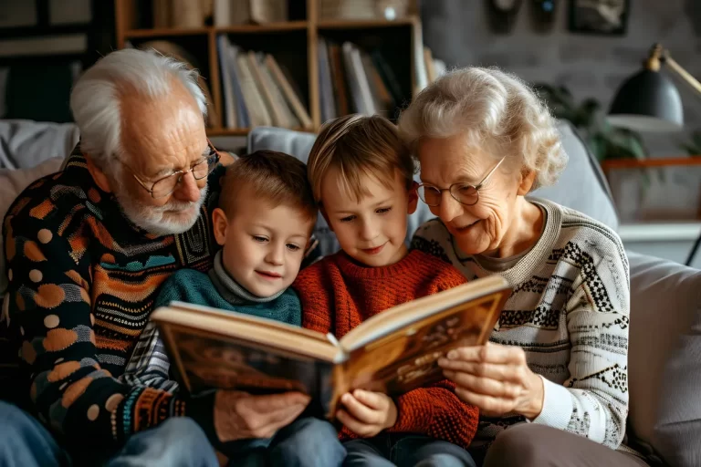 Um casal de avós (homem com barba branca e suéter colorido, mulher com cabelo branco encaracolado e óculos) lê um livro para seus dois netos em um sofá, em um momento de leitura familiar.