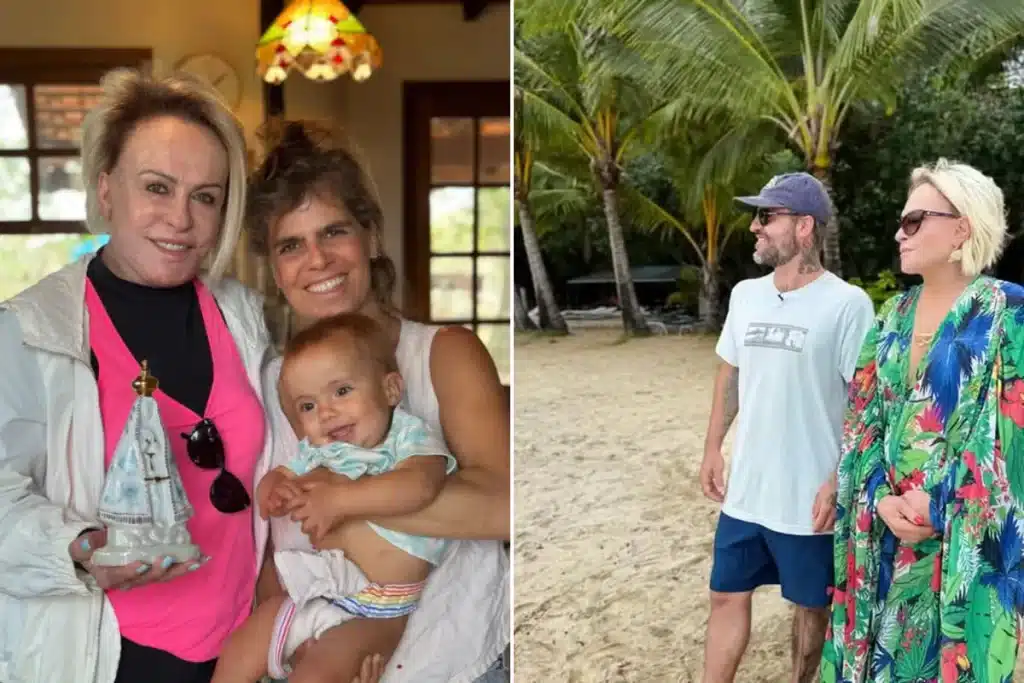 Montagem com duas fotos: à esquerda, três adultos e um bebê sorrindo em ambiente interno; à direita, duas pessoas caminhando na praia com coqueiros ao fundo