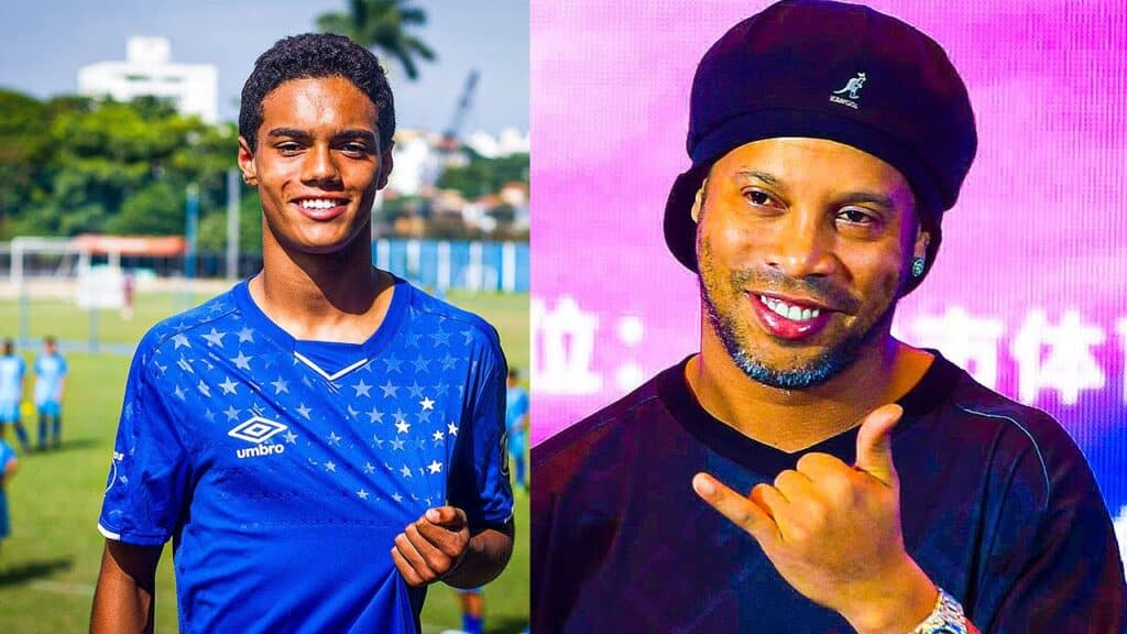 Montagem mostrando Ronaldinho Gaúcho e seu filho João Mendes, que também é jogador de futebol