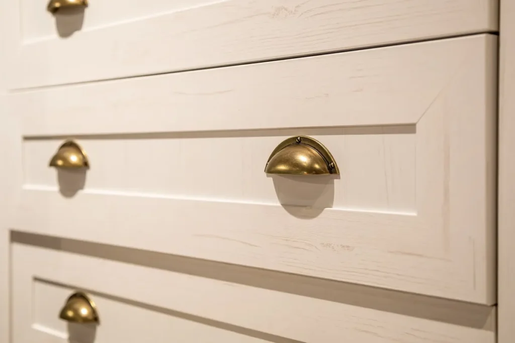 Vista aproximada em ângulo diagonal de gavetas de uma cômoda de bebê branca com puxadores de metal dourado envelhecido em estilo concha.