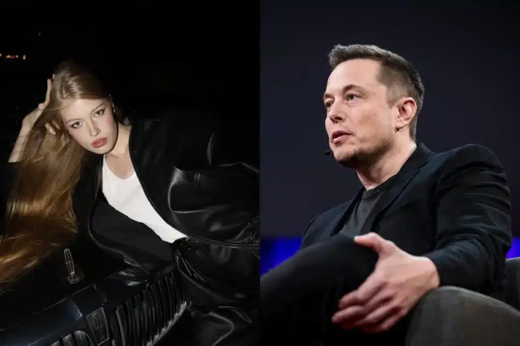 Montagem com fotos de Elon Musk durante uma palestra e Vivian Jenna Wilson posando com cabelo longo e roupa preta.